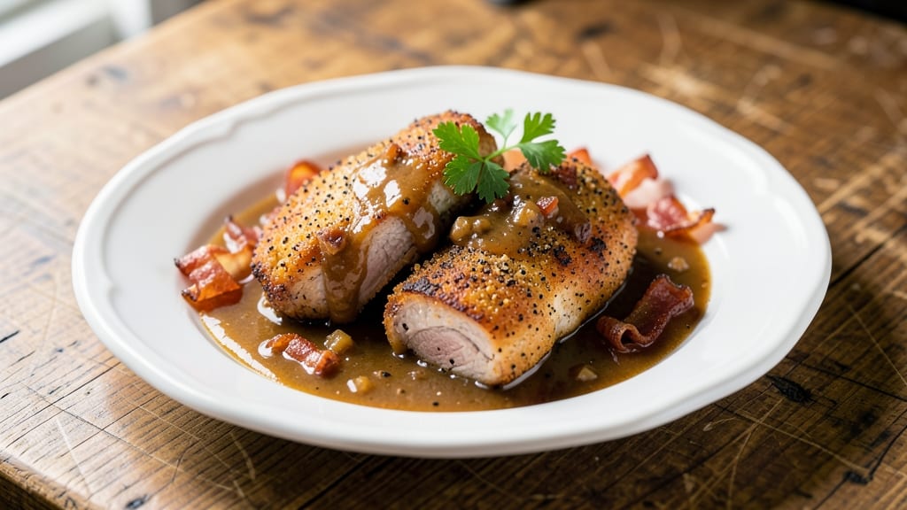Country Fried Pork Chops With Bacon Gravy Recipe: Crispy Cornmeal Crusts Over Rich, Smoky Gravy