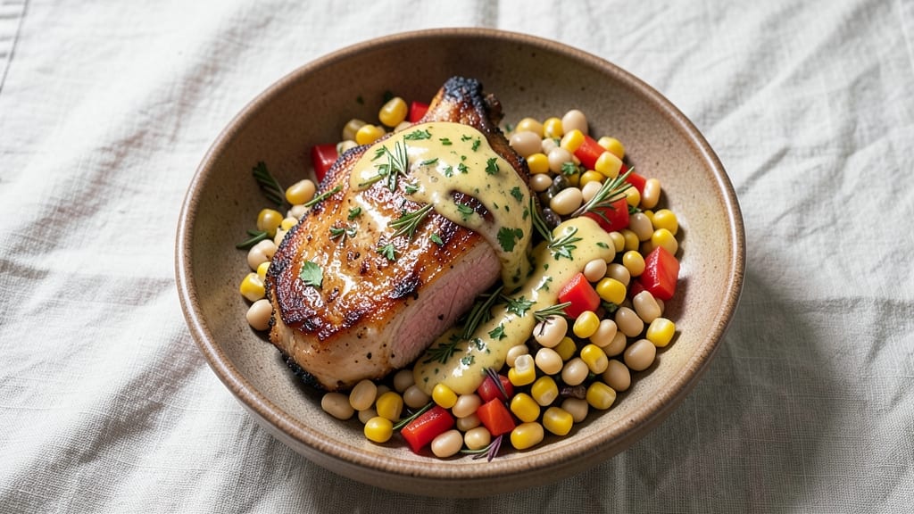 Gordon Ramsay's Pork Chop and Succotash Recipe: Herb-Crusted Pork with Smoky Corn and Bacon Bites