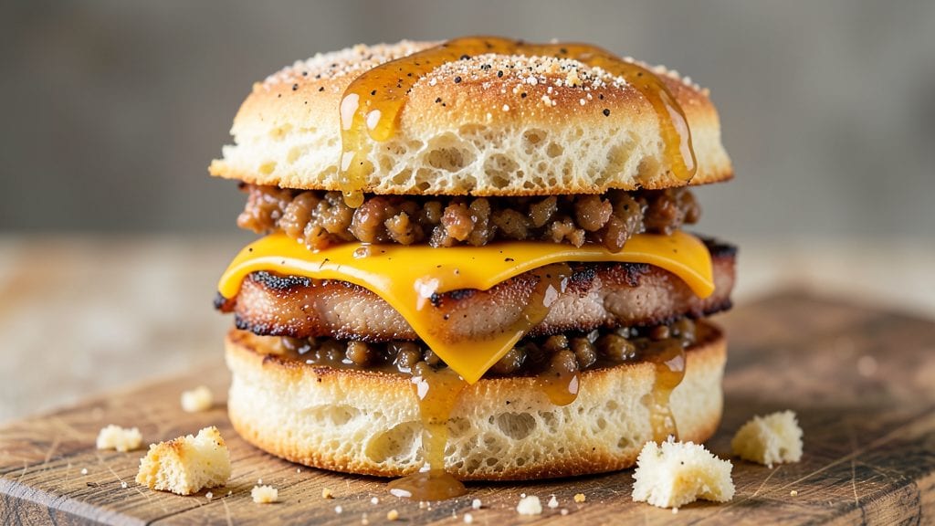 Pork Belly Breakfast Biscuit Sandwich: Crispy Cornmeal Crust Meets Melty Cheese Rivers
