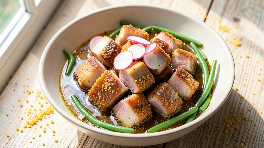 Pork Belly Sinigang Recipe: Crispy Cornmeal Crowns Over Tangy Tamarind Broth
